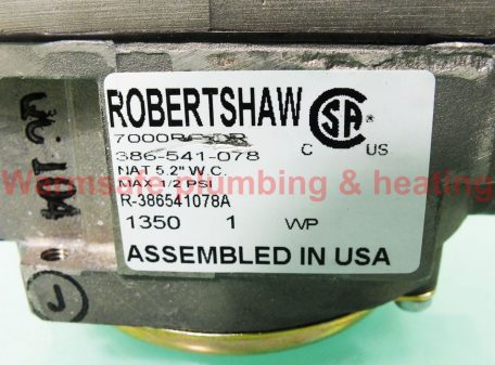 ROBERTSHAW R-386-541-078 UNITROL 7000 1/2" GAS VALVE U7000 BGOR, GAS OPERATED USING ON/OFF GAS THERMOSTAT (EACH)